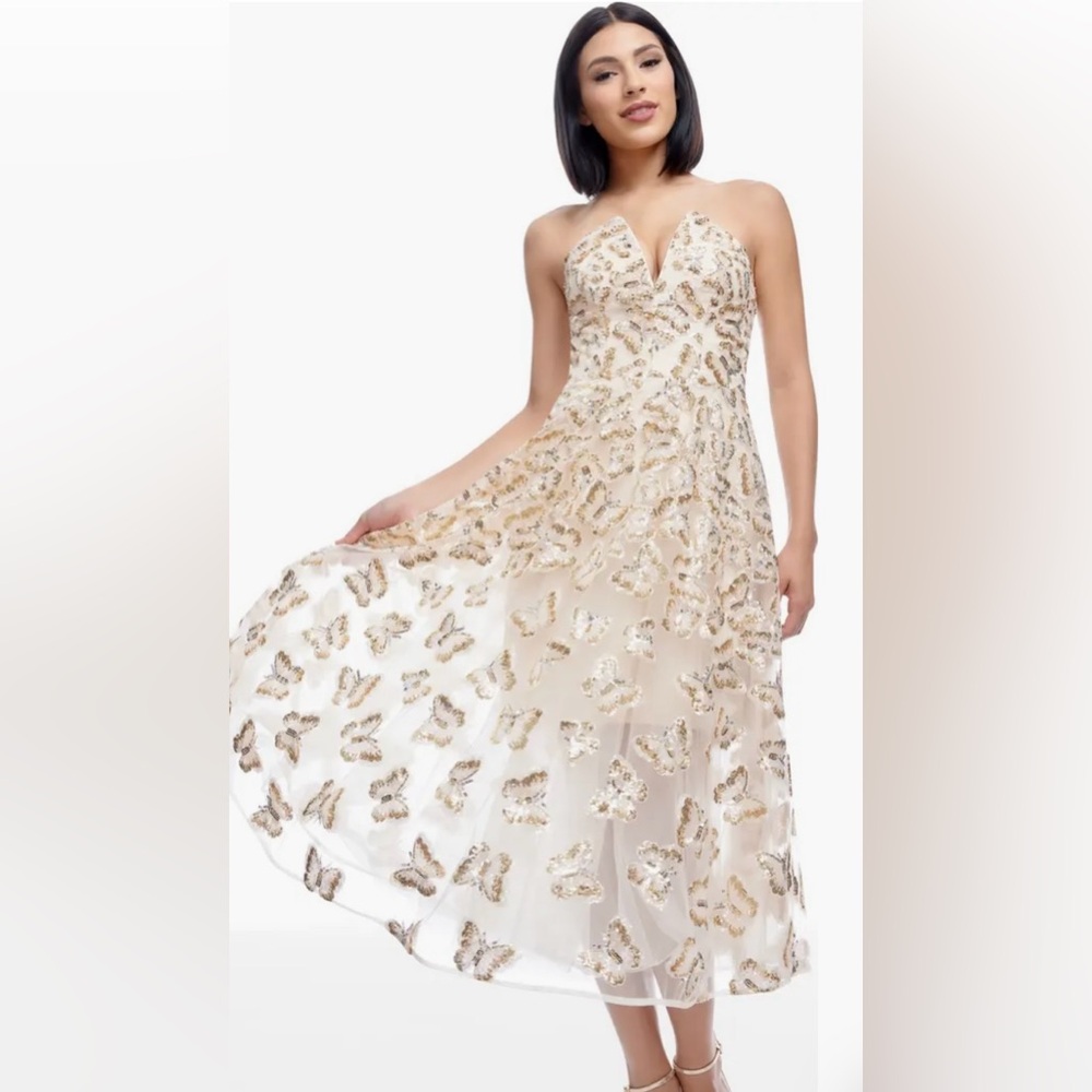 ✨HP✨Dress the Population Briella Sequin Butterfly Strapless champagne XL NWT - Picture 4 of 5